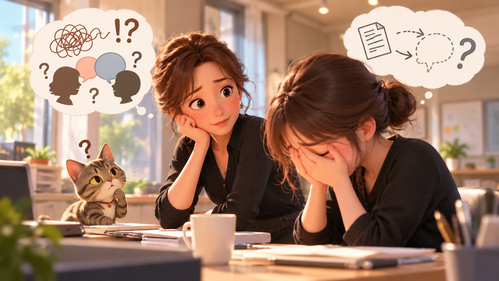明るい職場で、顔を両手で覆う若い女性スタッフと、心配そうに見守る女性。頭上には言葉のすれ違いを表す吹き出しが浮かび、そばではトラ猫のかりお猫が不思議そうに眺めている3Dイラスト。