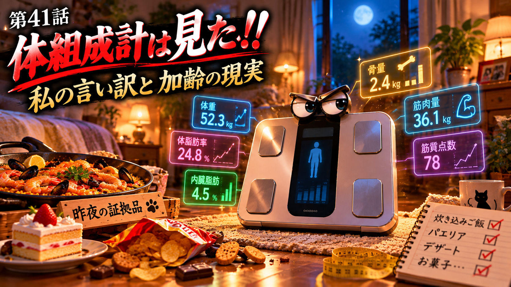 鋭い目つきの体組成計が、昨夜のパエリアやお菓子を見張るユーモラスな3Dイラスト。体重・体脂肪率・内臓脂肪・骨量・筋質点数などの数値が浮かぶ、第41話のアイキャッチ画像。