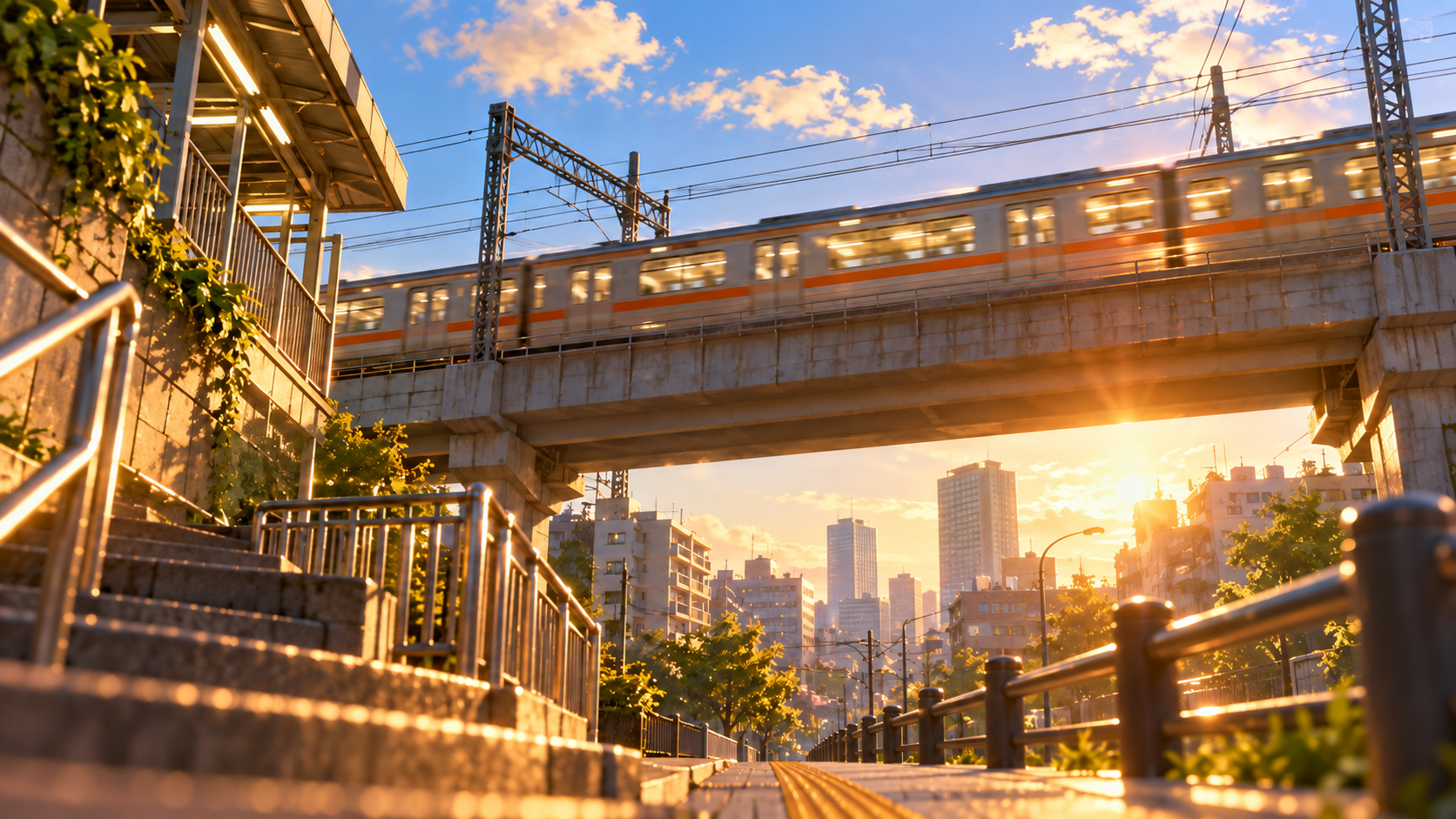 朝日が差し込む街の高架を、オレンジ色のラインが入った電車が走り去る風景。駅へ続く階段と歩道があり、予定の電車に乗り遅れた朝を表現した画像。