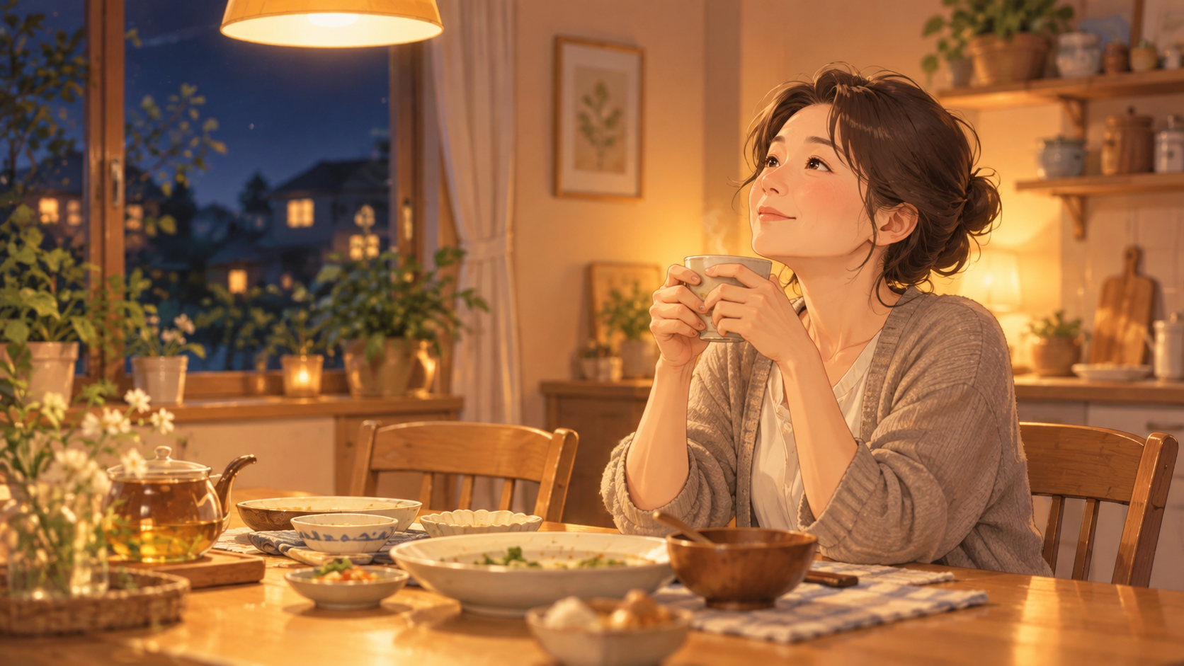 夕食後に温かいお茶を飲みながら自分の身体を感じる女性