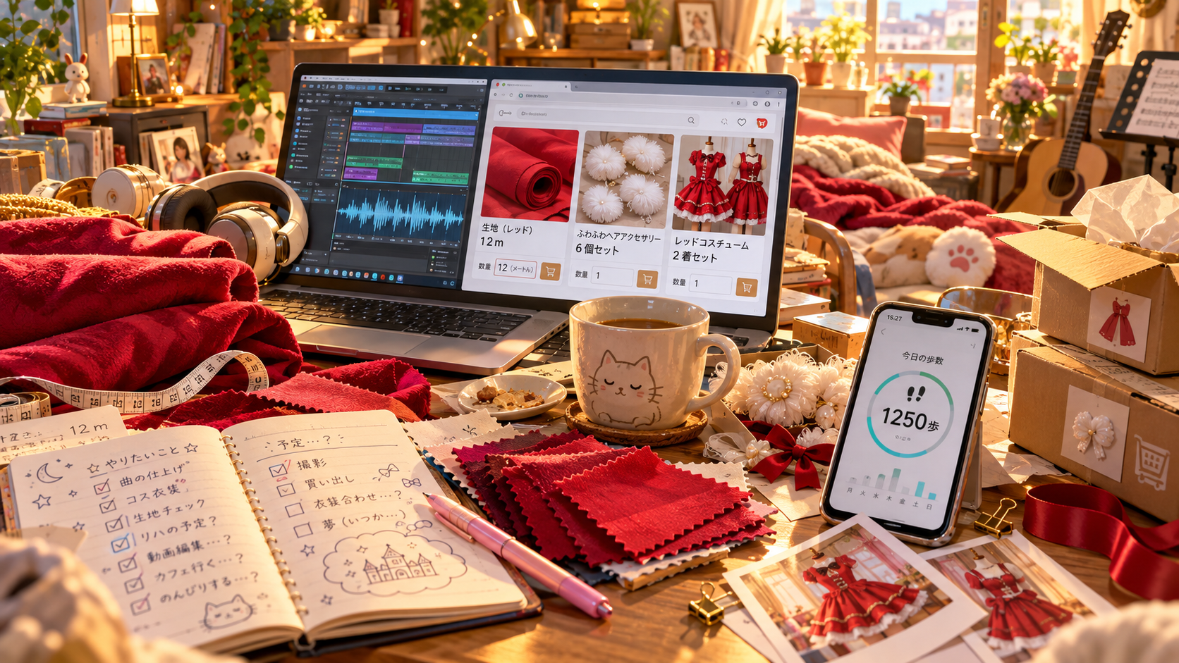 音楽編集画面とネット通販サイトを開いたパソコン。赤い布12m、白いふわふわの髪飾り6個、赤い衣装2着が並び、スマートフォンの歩数計には1,250歩と表示された、にぎやかな仕事部屋。