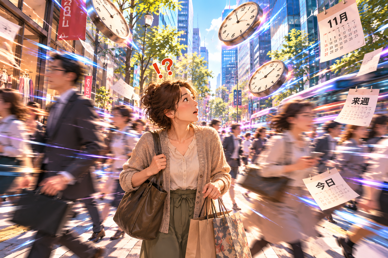 旅から戻った女性かりおが、時計やカレンダーが舞う都会の街中で、猛スピードで行き交う人々に驚いている様子