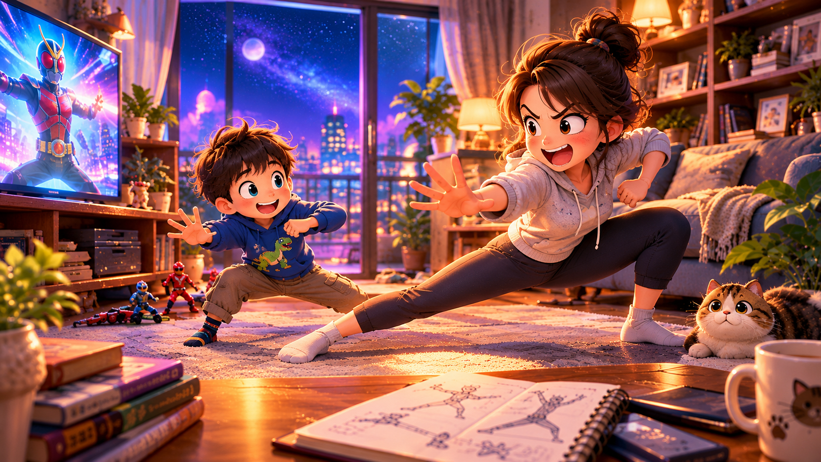 星空の見える幻想的なリビングで、女性が左脚を深く曲げてヒーローポーズを決め、小学2年生の男の子も楽しそうにポーズを真似する。テレビには変身ヒーローが映り、猫が見守るユーモラスな3Dイラスト。