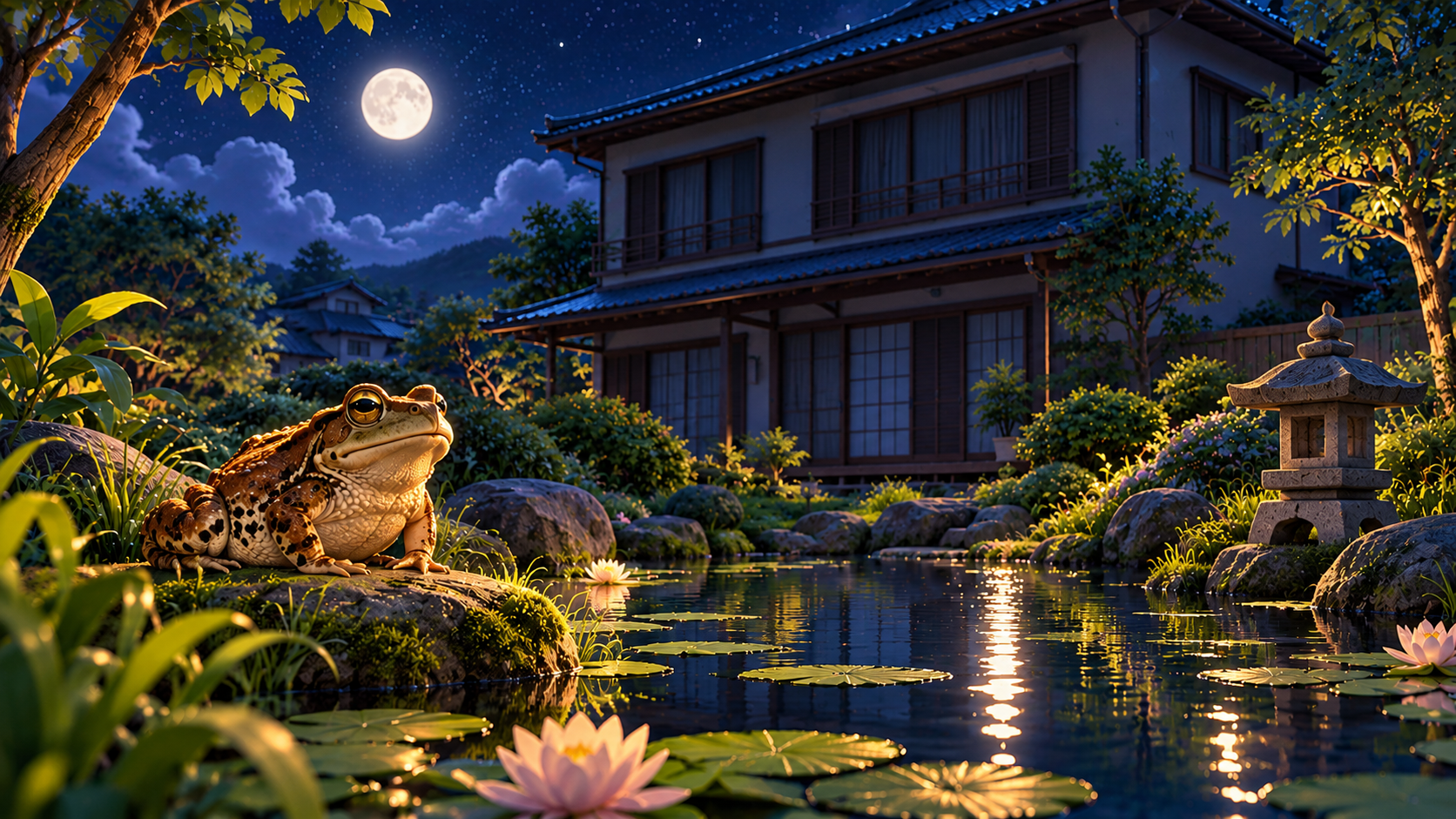 夜の実家の庭にある池とヒキガエル。父のいびきと睡眠をテーマにした健社ダンプロ第35話のイメージ画像。
