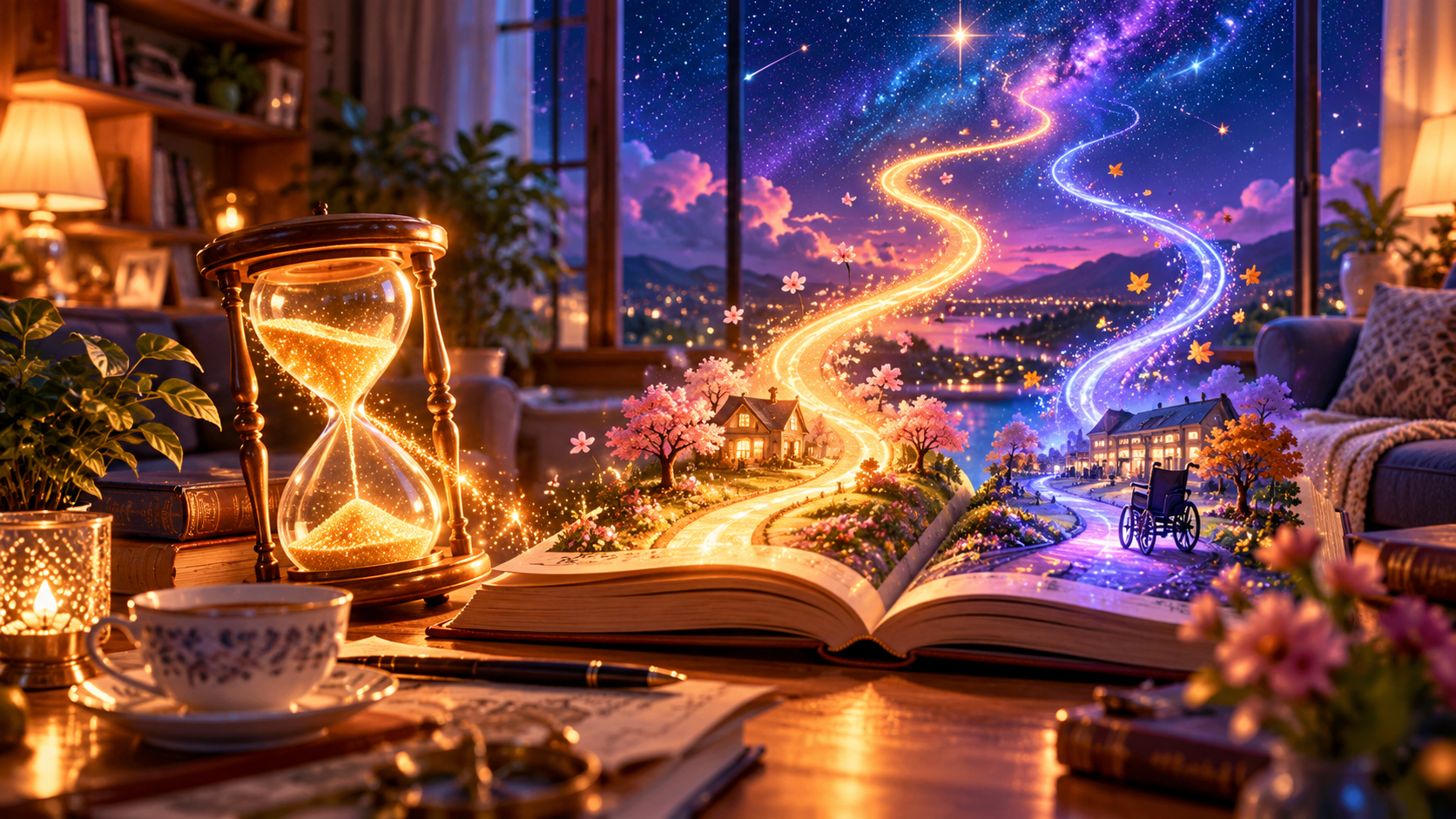星空が広がる幻想的な夜のリビング。金色の砂時計と開いた本から、オレンジと青紫の二本の光の道が伸びる。平均寿命と一人ひとり異なる人生を表現した第42話の3Dイラスト。