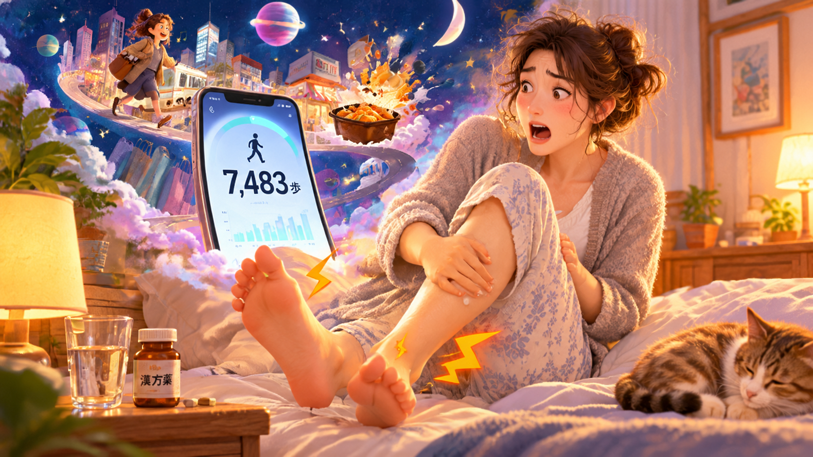 朝の寝室で左足の痛みと右足のつりに驚く女性かりお。スマートフォンの歩数計には7,483歩が表示され、身体の感覚と数字の食い違いを描いたイラスト。