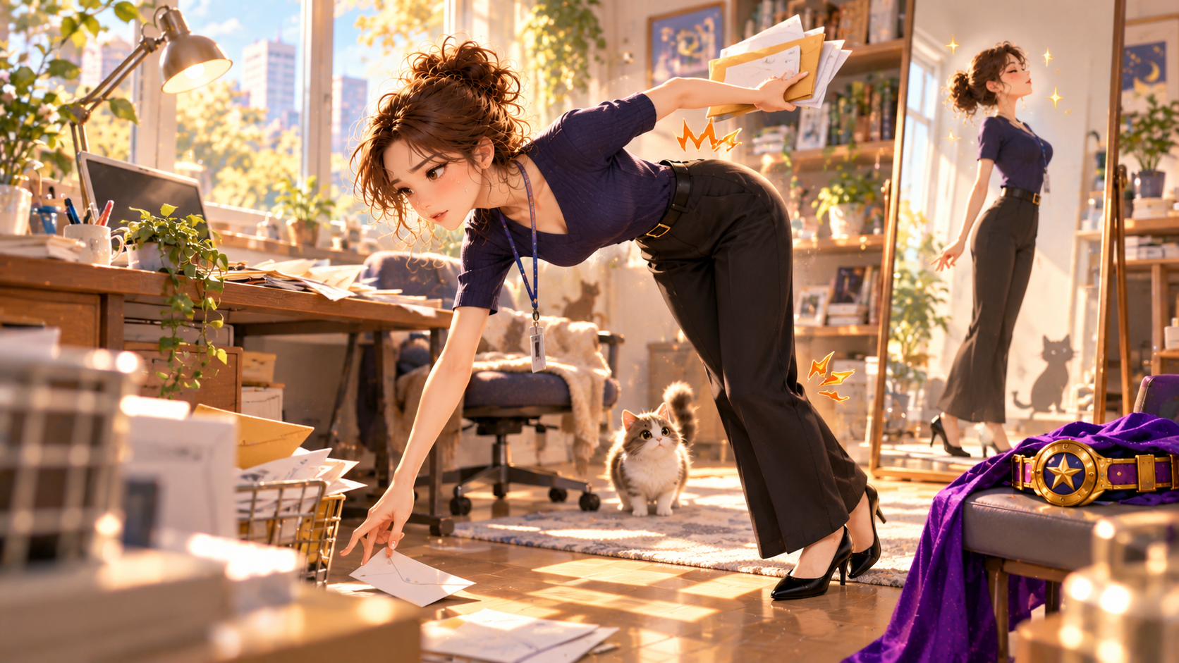 明るい職場で床の封筒を拾おうとして、背中の痛みに戸惑う女性。大きな鏡には背筋を伸ばした姿が映り、足元には猫とヒーローの変身ベルトが置かれている3Dイラスト。