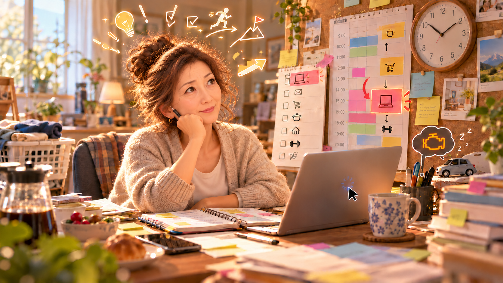 明るい仕事部屋で、パソコンを前に考え込む女性。机には資料や手帳が広がり、壁には予定表や付箋が並ぶ。頭上にはひらめきのマークが浮かび、やる気と行動がかみ合わない様子を描いた3Dイラスト。