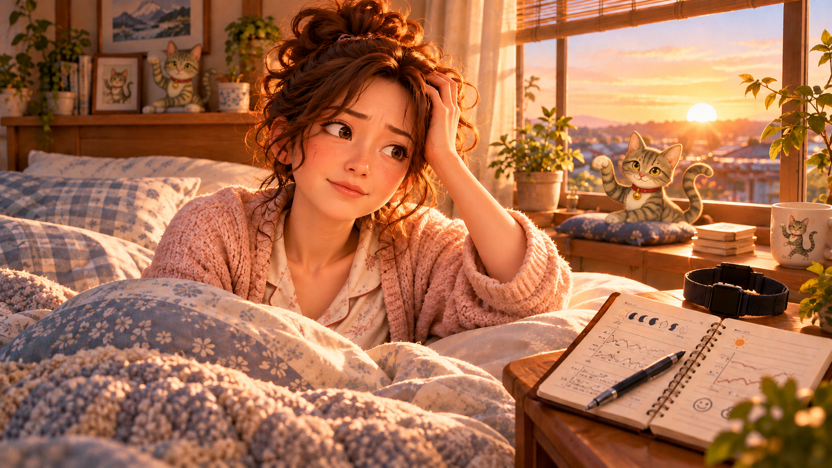 朝日が差し込む寝室で、目覚めた女性が頭に手を添えて考えている。窓辺にはトラ猫のかりお猫、枕元には睡眠記録ノートと計測デバイスが置かれている3Dアニメーション風イラスト。